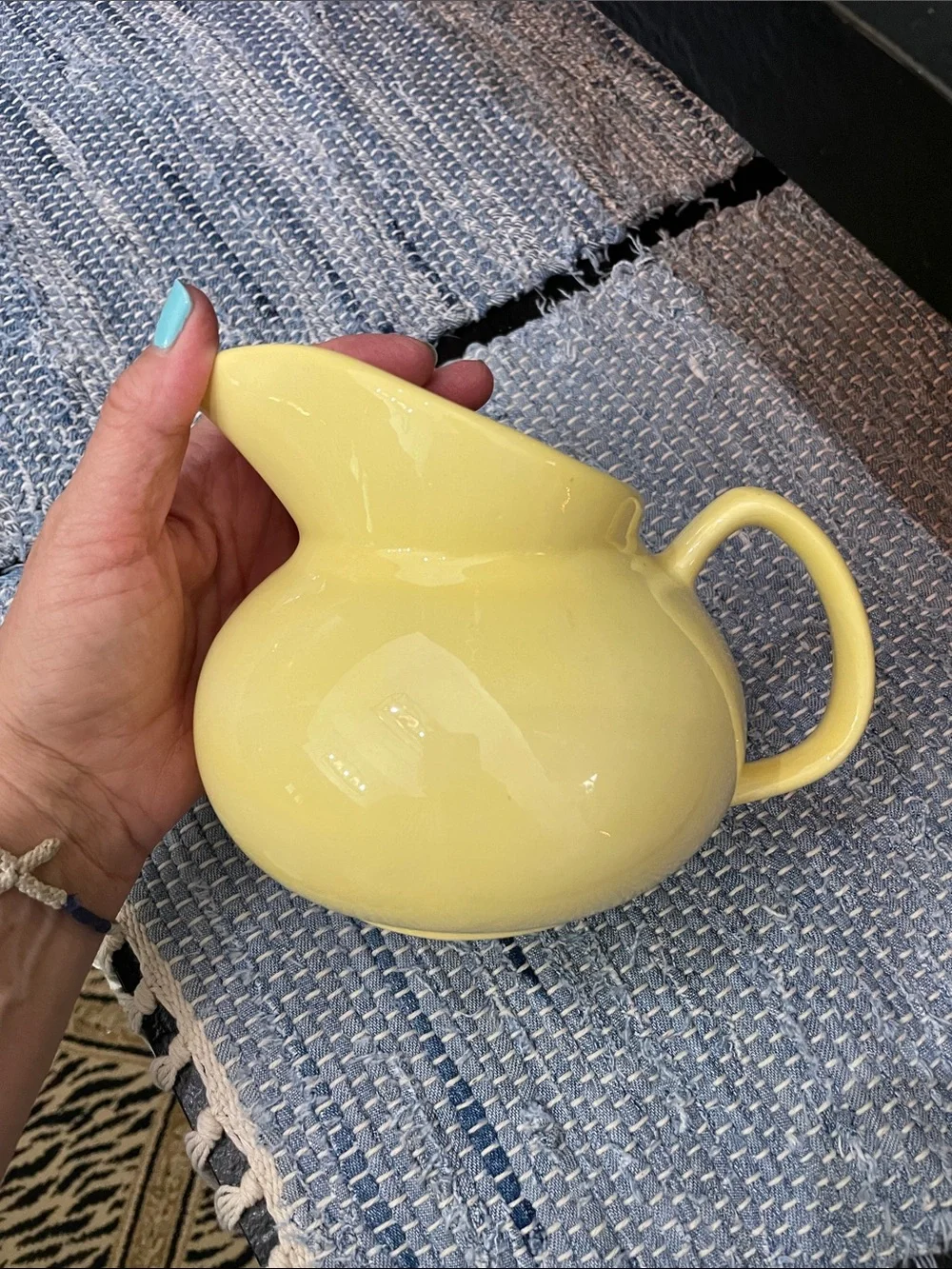 Yellow Ceramic Pitcher. Glossy, Round 5x5. No cracks. One tiny chip on bottom
